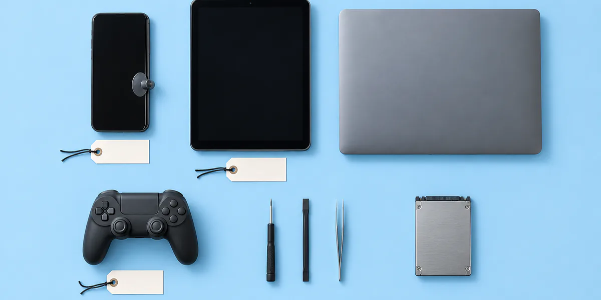 Phones, a tablet, laptop, game controller, and storage drive with repair tools